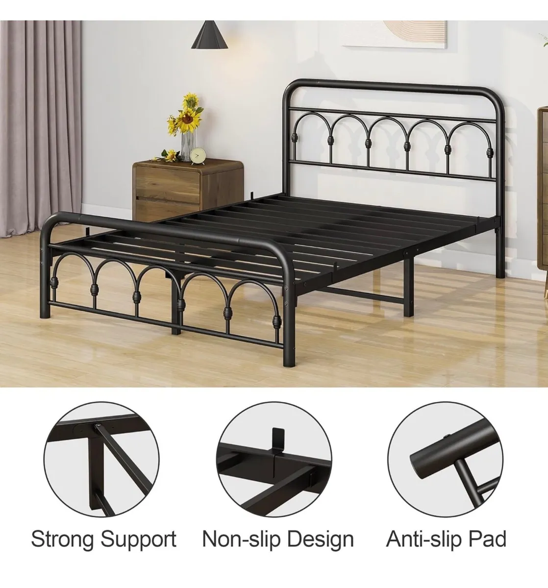 4ft6 Double Bed Frame with High Headboard and Foot - Image 4