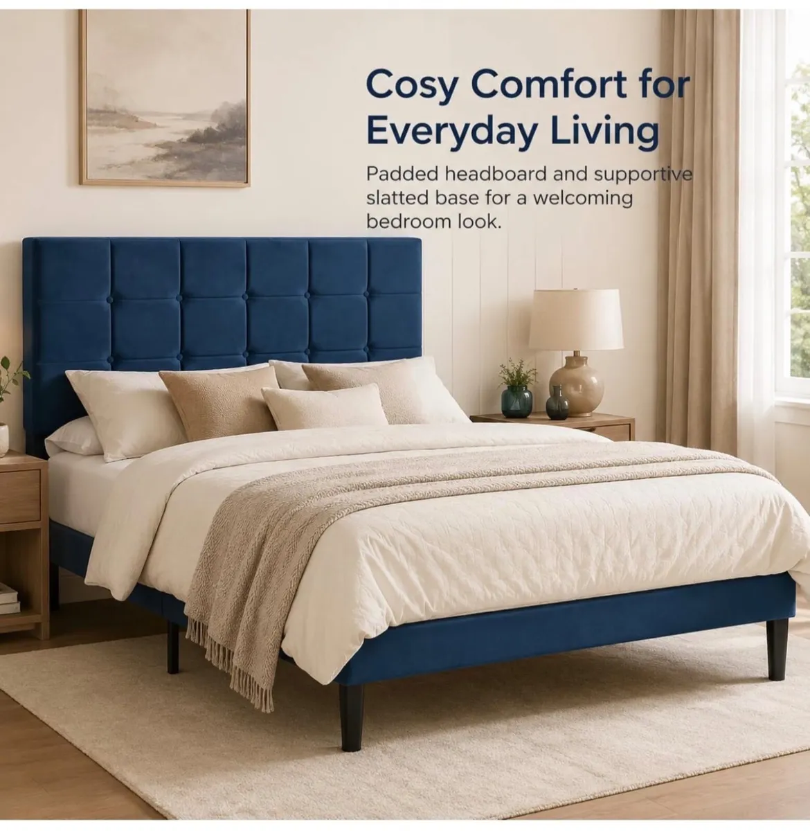 4ft6 Double Bed Frame with Velvet Upholstered Head - Image 3