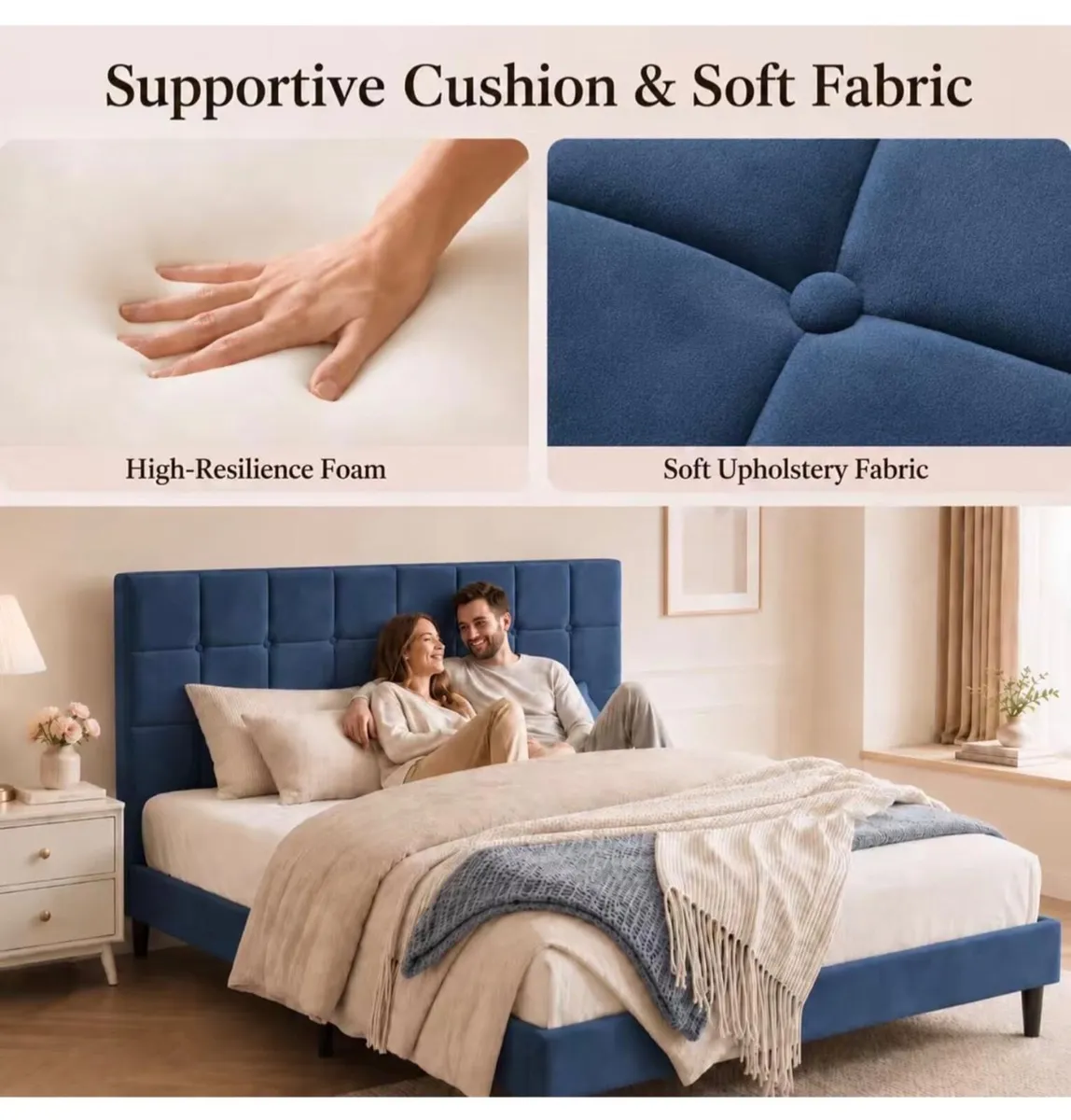 4ft6 Double Bed Frame with Velvet Upholstered Head - Image 4