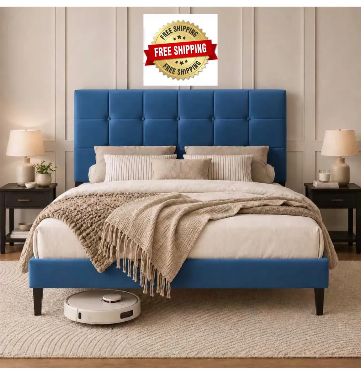 4ft6 Double Bed Frame with Velvet Upholstered Head - Image 1