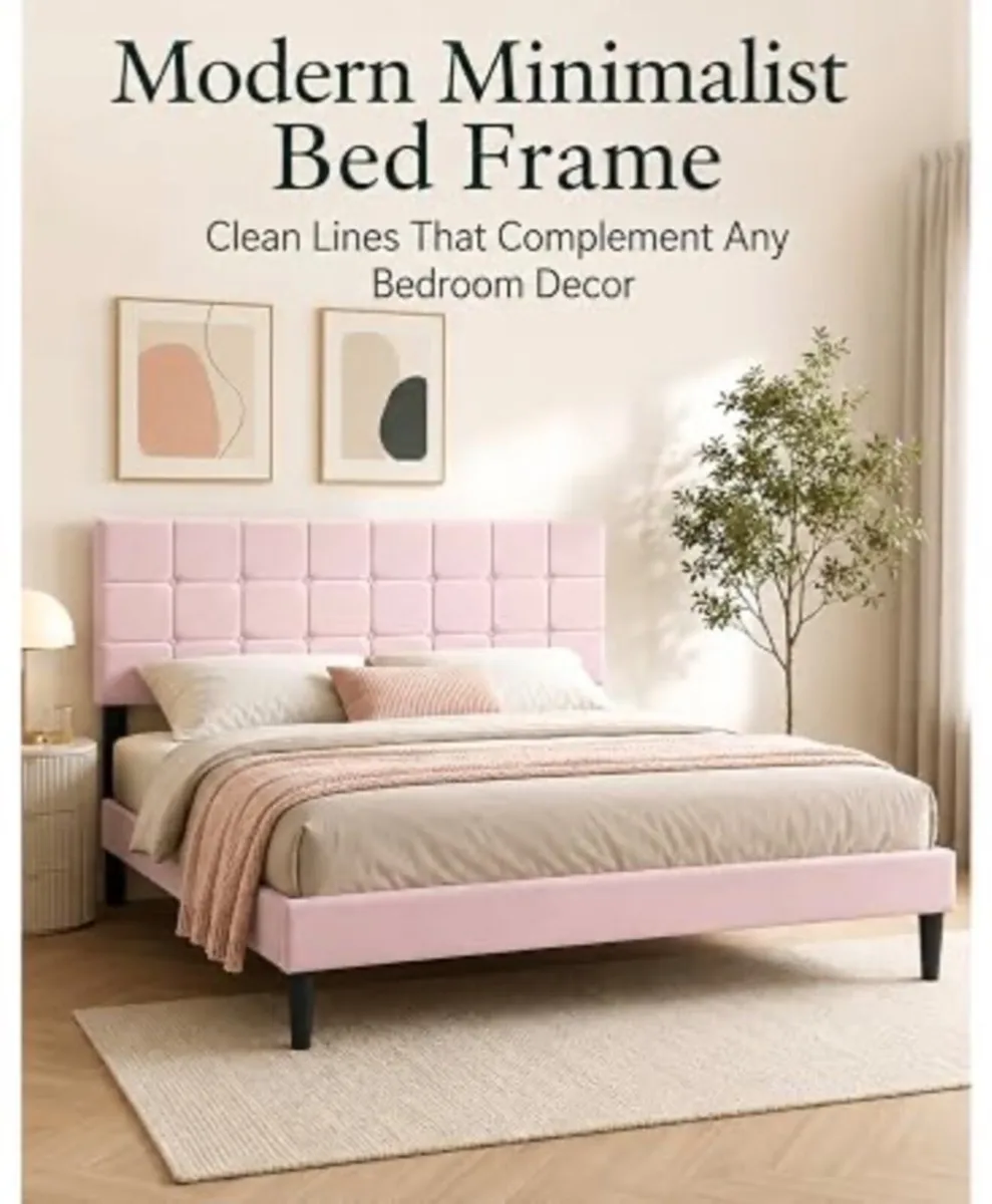 4ft6 Double Bed Frame with Velvet Upholstered Head - Image 2