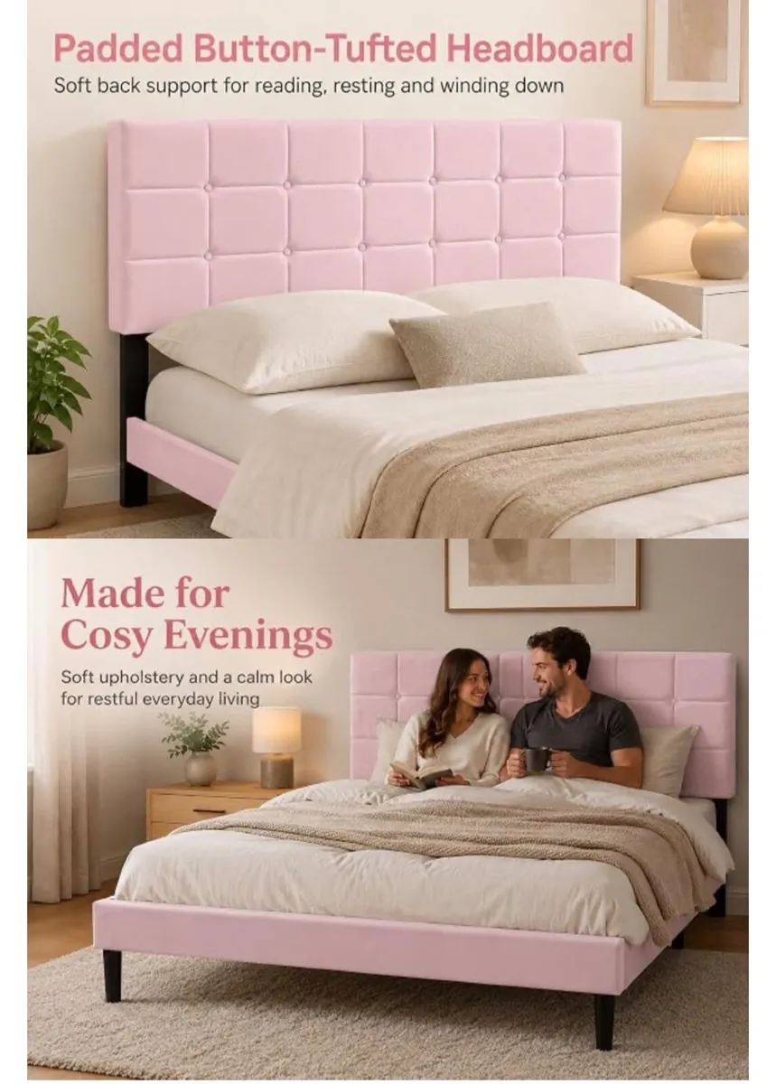 4ft6 Double Bed Frame with Velvet Upholstered Head - Image 3