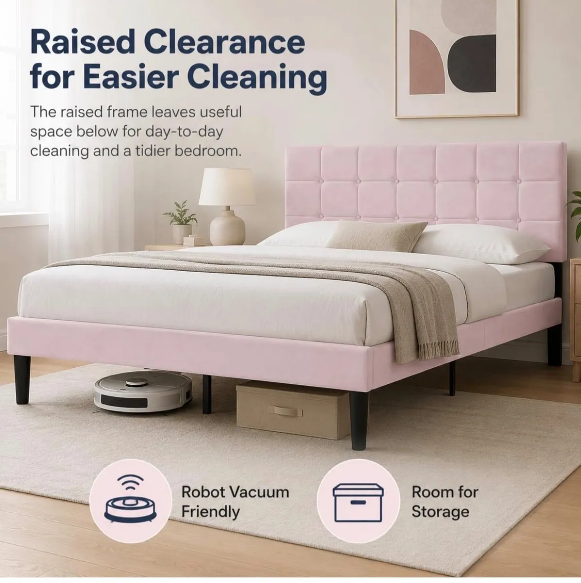 4ft6 Double Bed Frame with Velvet Upholstered Head - Image 4
