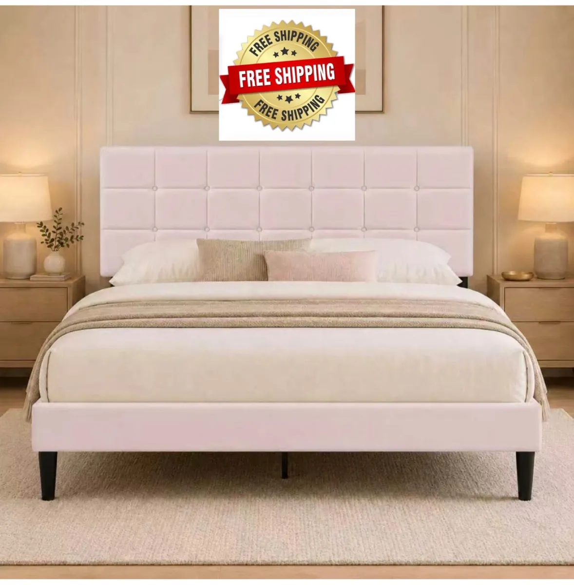 4ft6 Double Bed Frame with Velvet Upholstered Head - Image 1