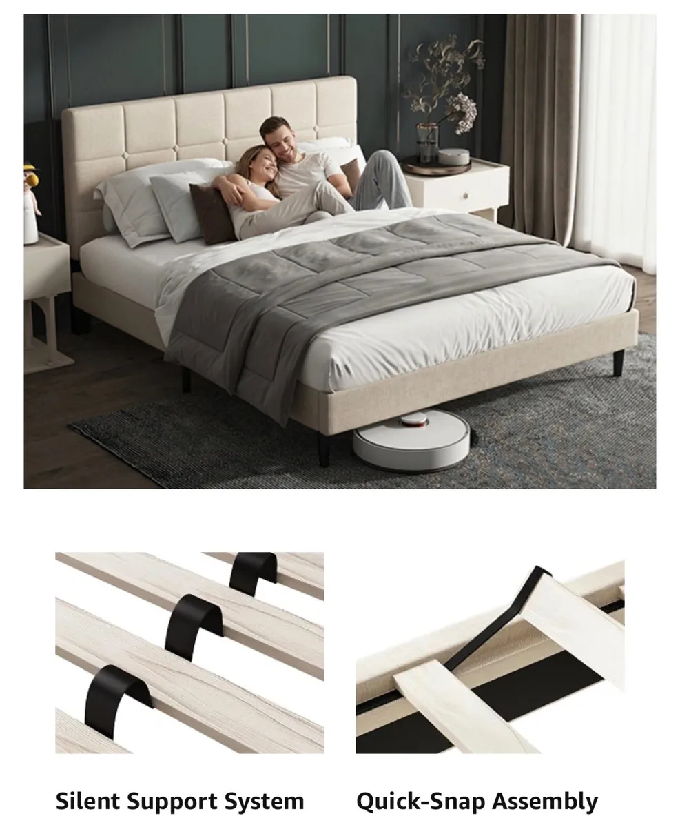 4ft6 Double Bed Frame with Upholstered Headboard, - Image 2
