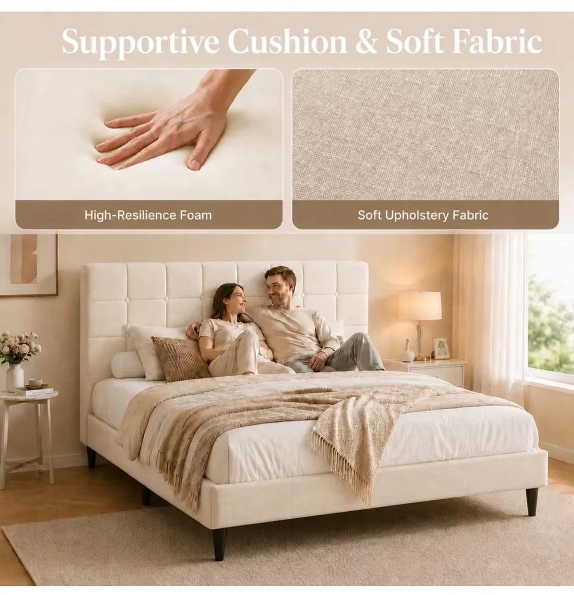 4ft6 Double Bed Frame with Upholstered Headboard, - Image 4