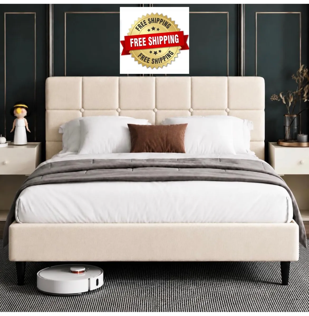 4ft6 Double Bed Frame with Upholstered Headboard, - Image 1