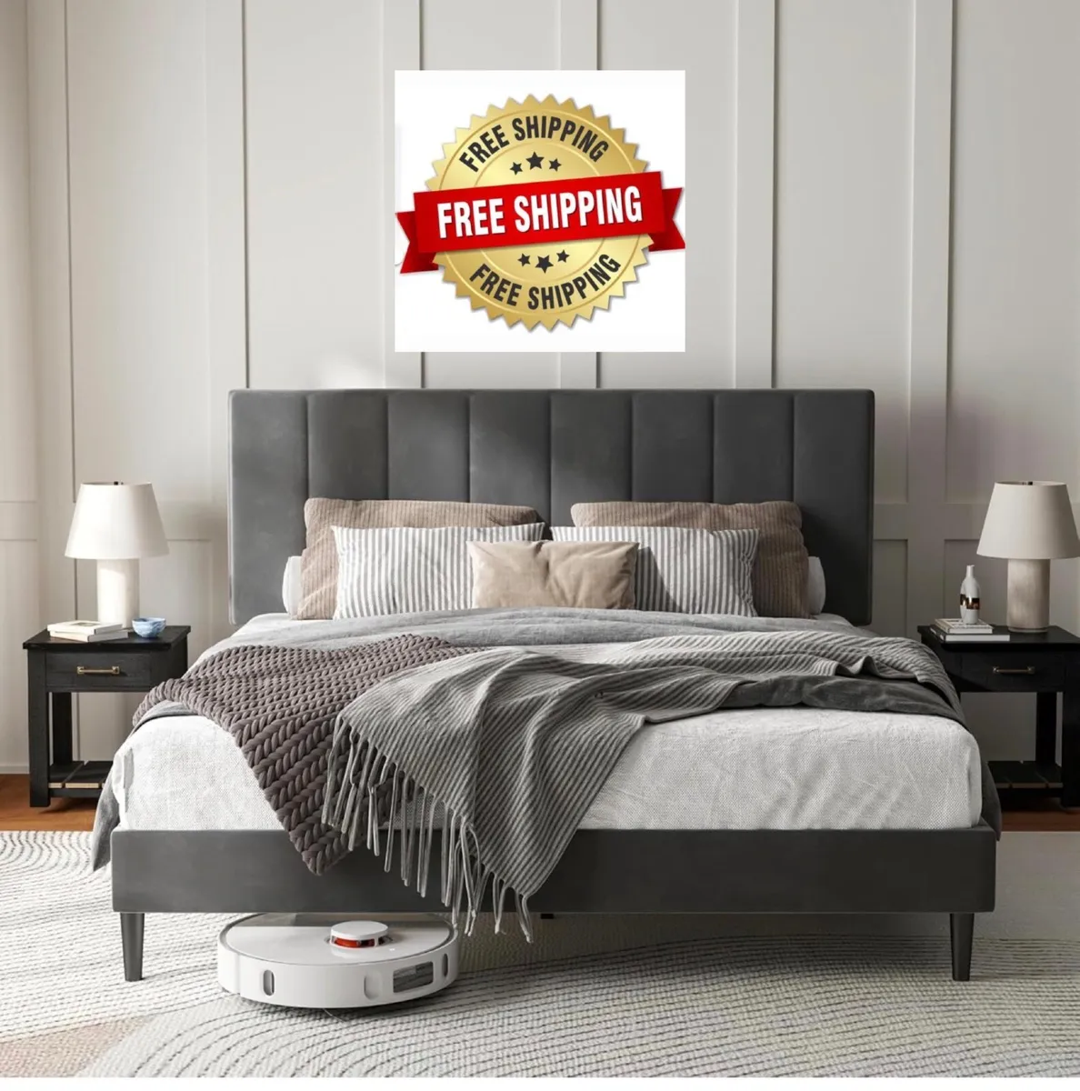 4ft6 Double Bed Frame with Velvet Upholstered Head - Image 1