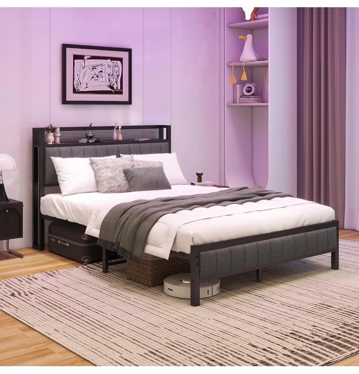4ft6 Double Bed Frame With Storage Headboard, Dark - Image 2