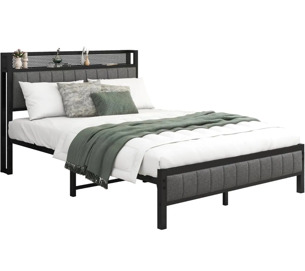 4ft6 Double Bed Frame With Storage Headboard, Dark - Image 3