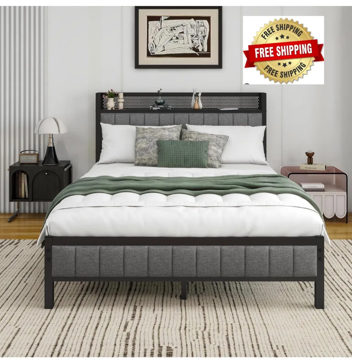 4ft6 Double Bed Frame With Storage Headboard, Dark - Image 1