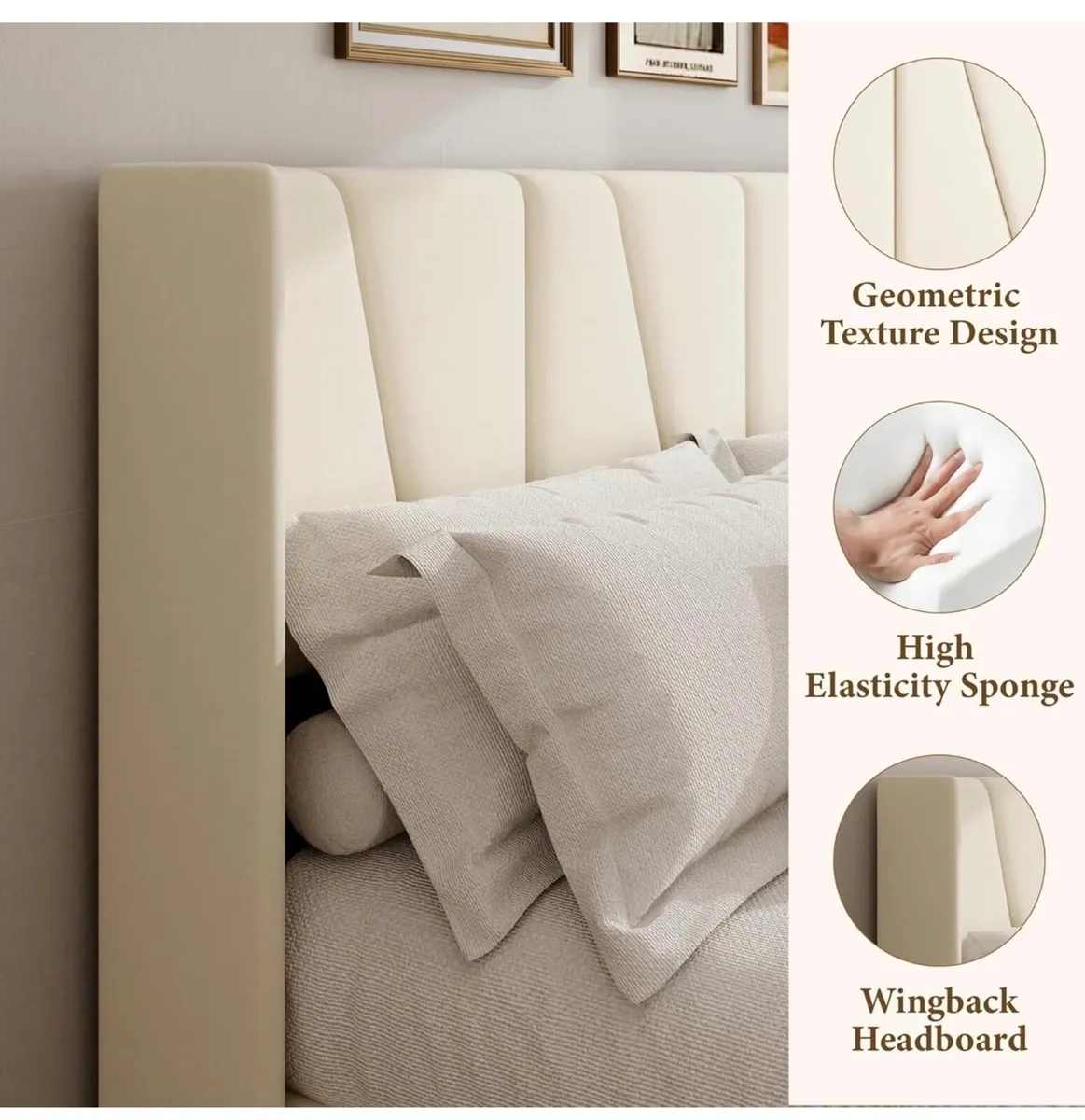 Double Bed Frame with Headboard, Velvet Geometric - Image 4