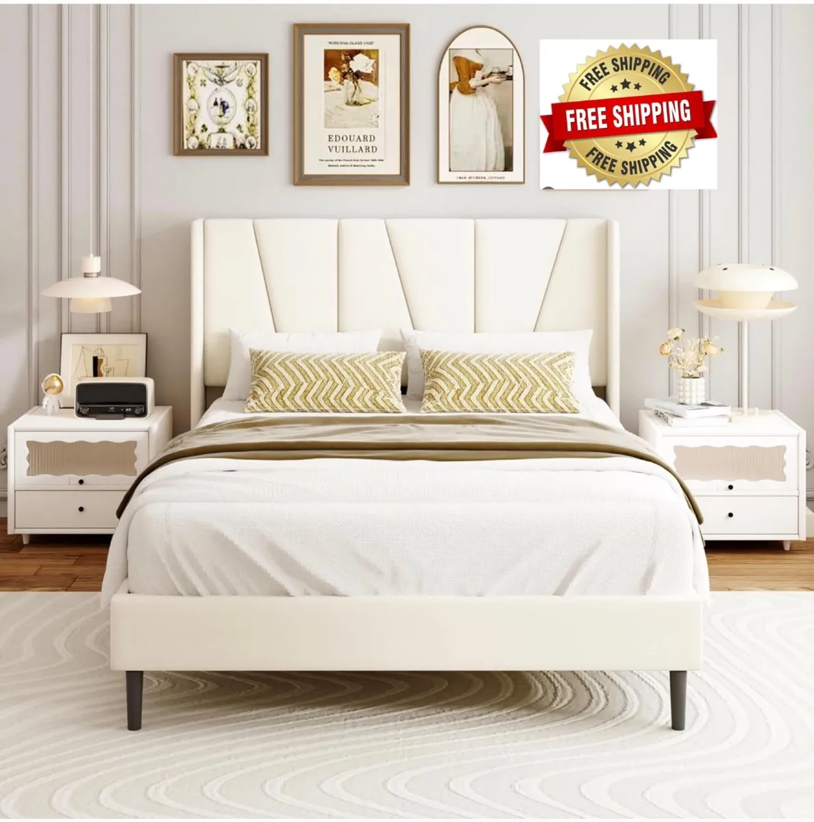 Double Bed Frame with Headboard, Velvet Geometric - Image 1