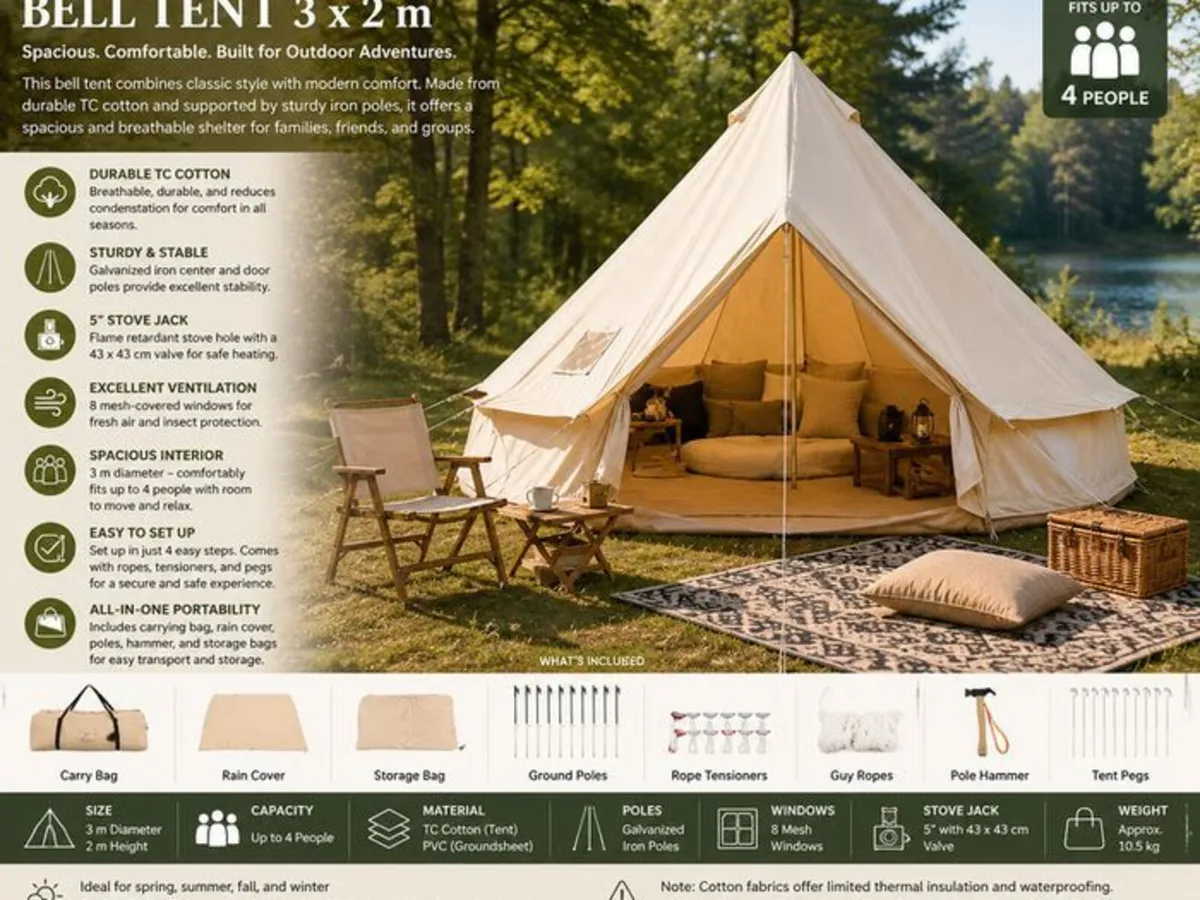 3m Bell Tent Yurt for 4 People Glamping Tent - Image 1