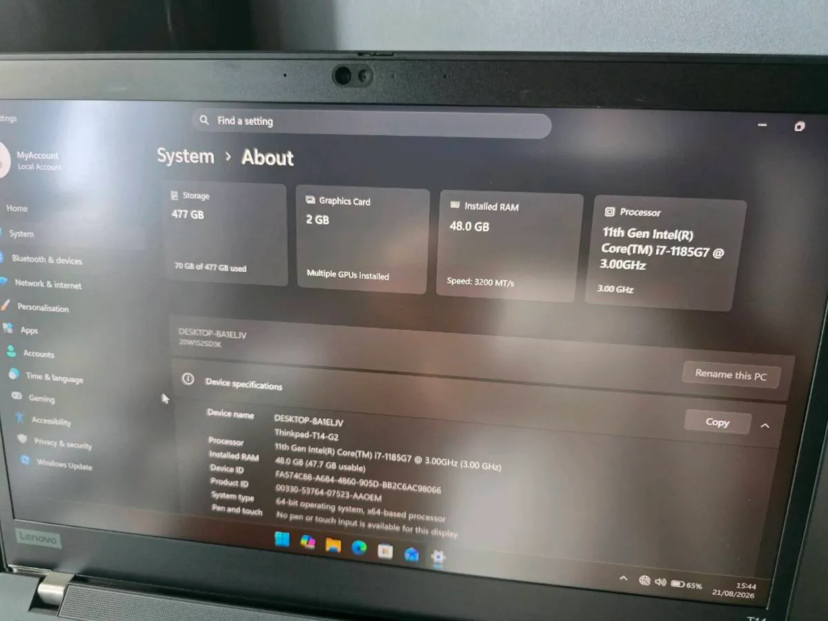 Lenovo Thinkpad T14 Gen 2 I7-1185G7 | 48GB | MX450 - Image 2