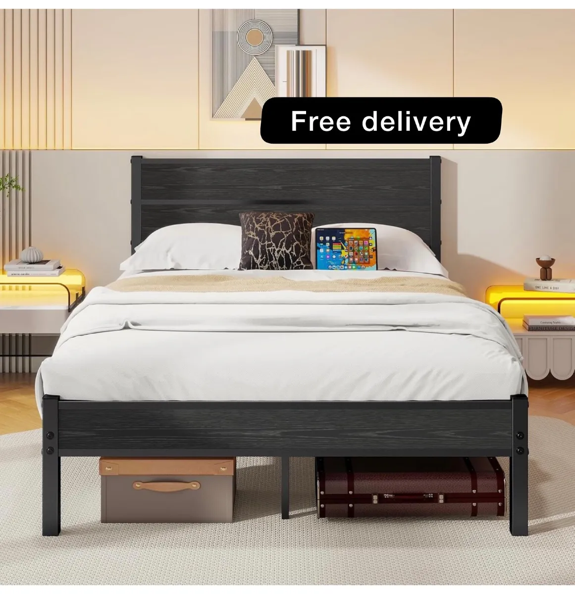 Double Bed Frame with Wooden Headboard Footboard S - Image 1