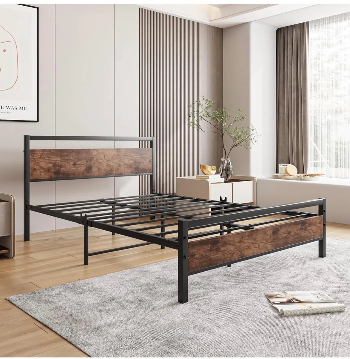 Double Bed Frame with Wooden Headboard,135x190cm,V - Image 2