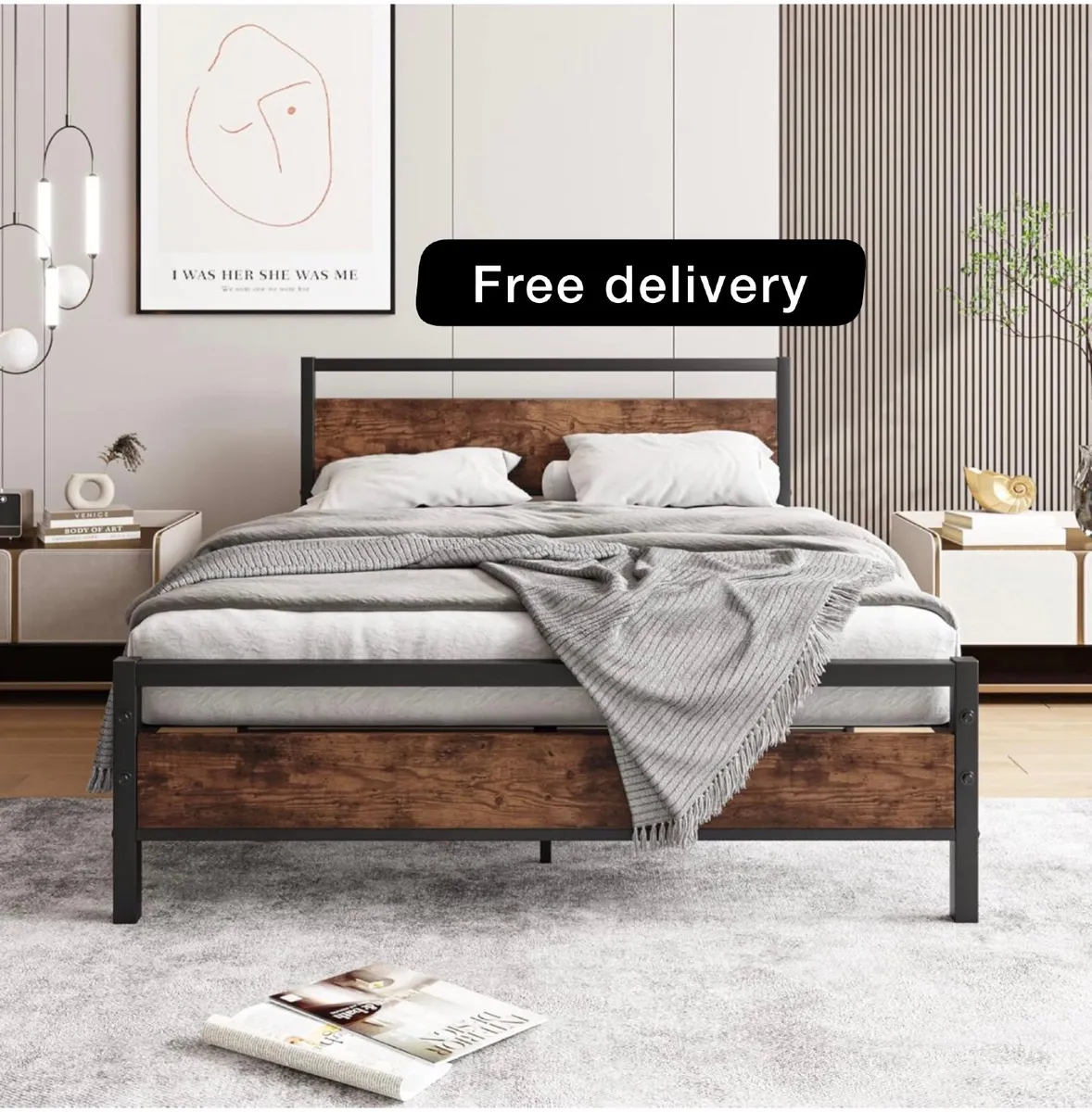 Double Bed Frame with Wooden Headboard,135x190cm,V - Image 1