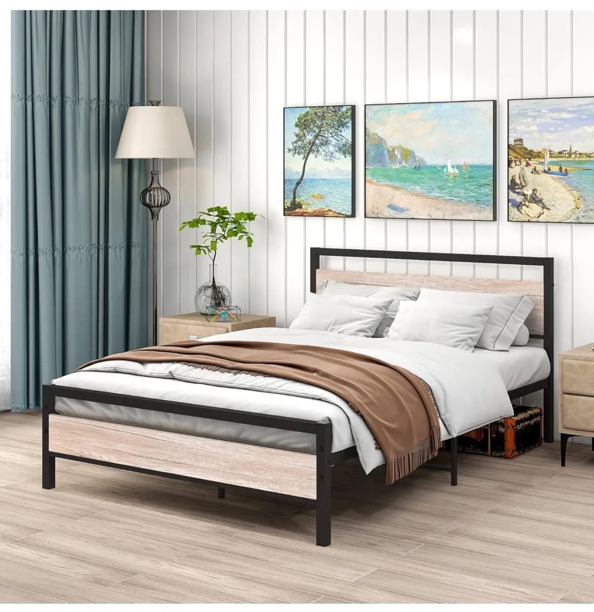 Metal Double Bed Frame with Wooden Headboard,135x1 - Image 2