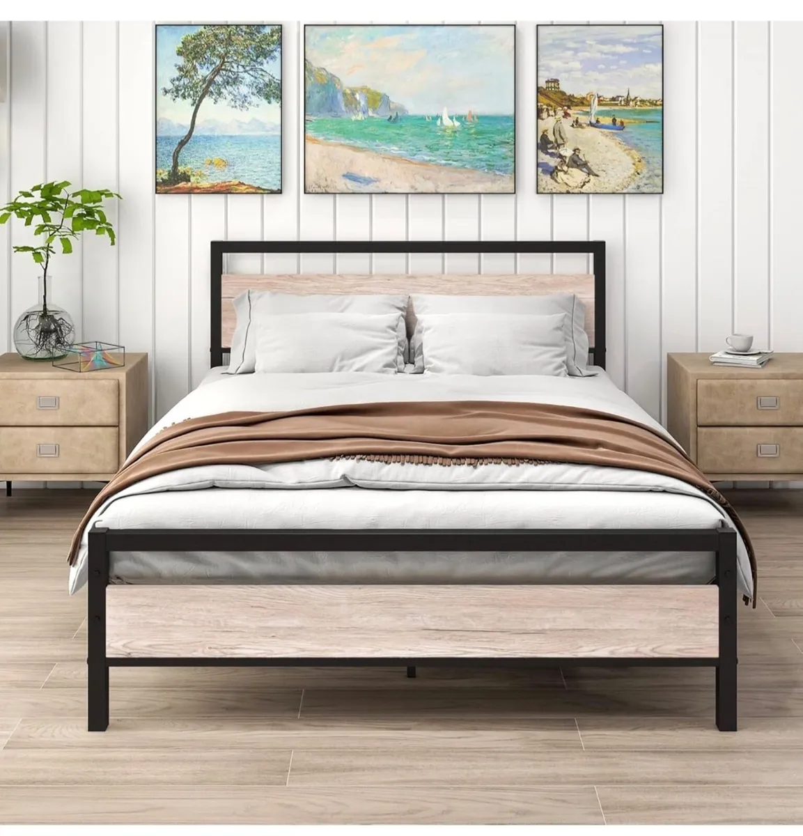 Metal Double Bed Frame with Wooden Headboard,135x1 - Image 3