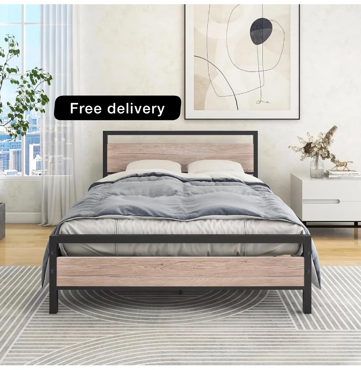 Metal Double Bed Frame with Wooden Headboard,135x1 - Image 1