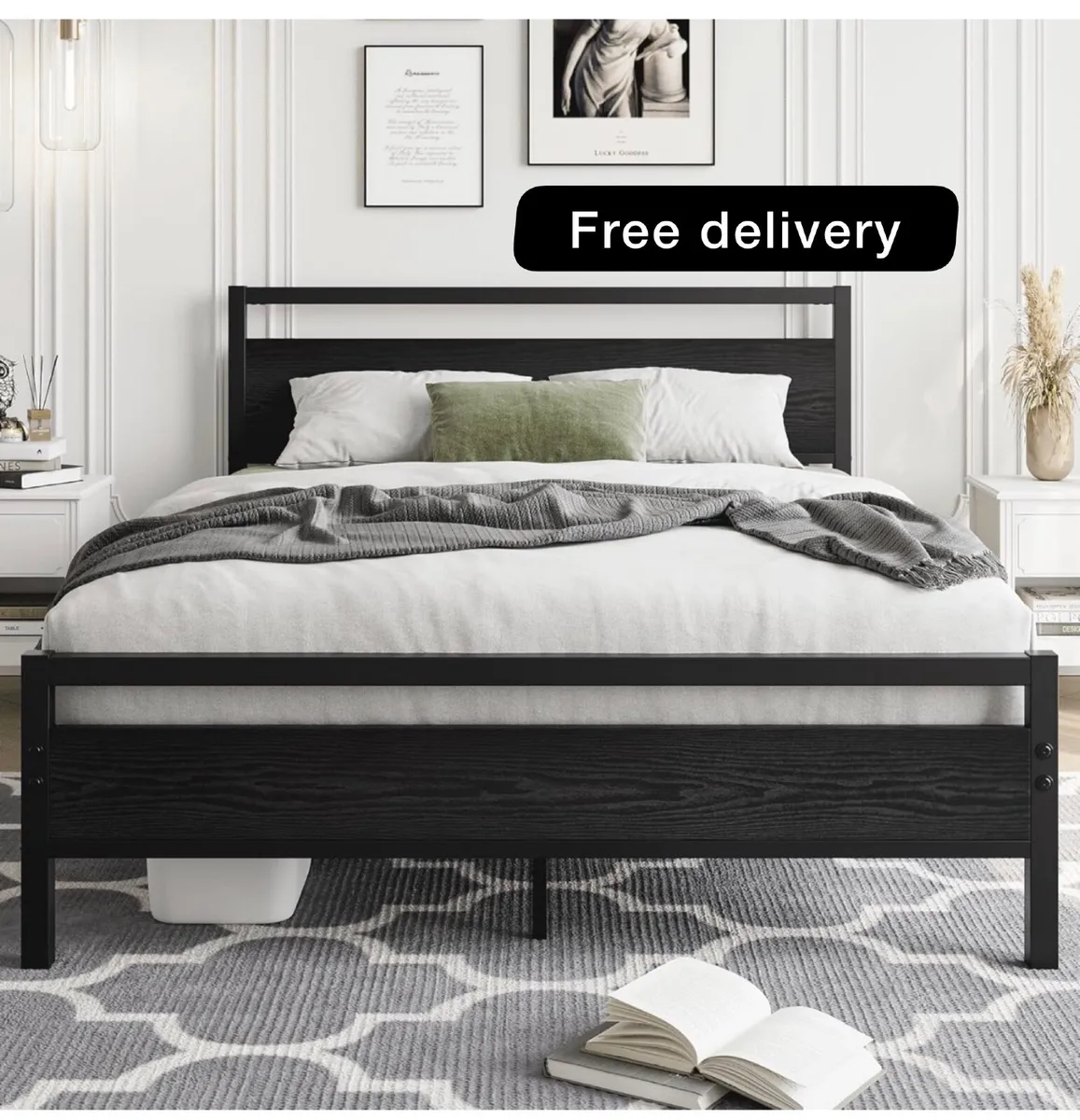 Metal Double Bed Frame with Wooden Headboard,135x1 - Image 1