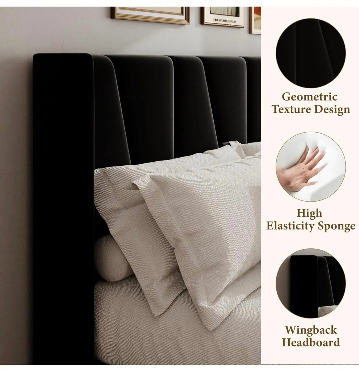 Double Bed Frame with Headboard, Velvet Geometric - Image 4