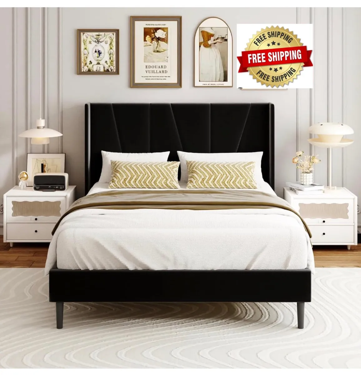 Double Bed Frame with Headboard, Velvet Geometric - Image 1