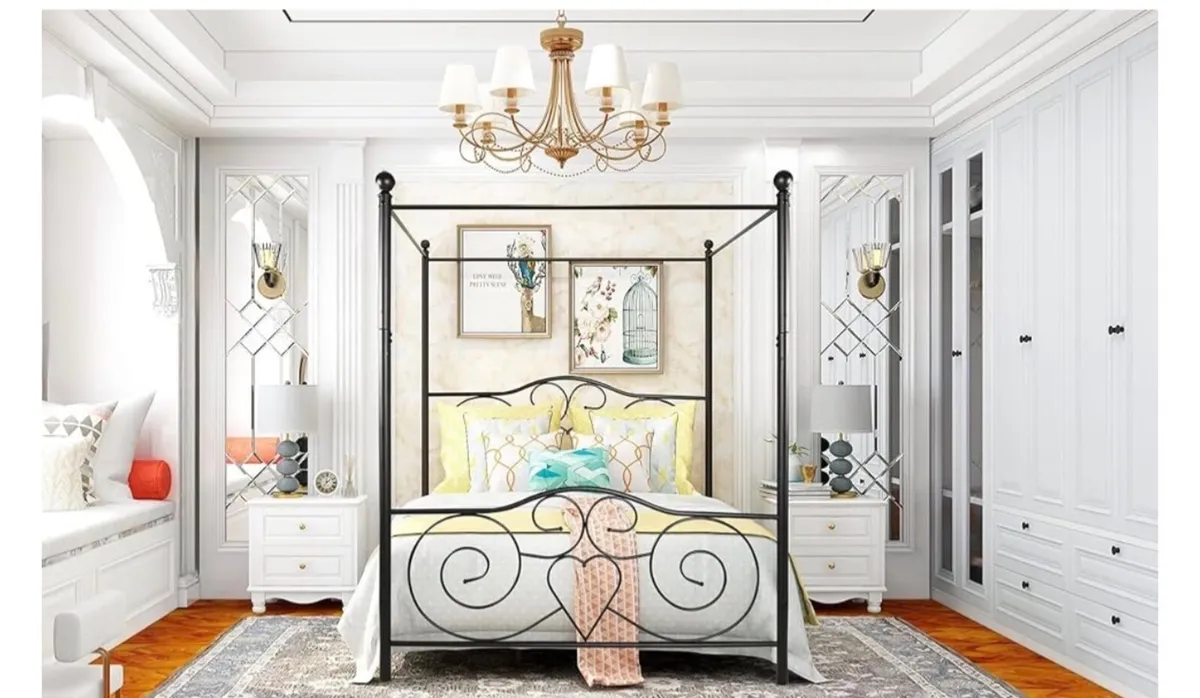 Double Canopy Bed Frame with Vintage Headboard & F - Image 2