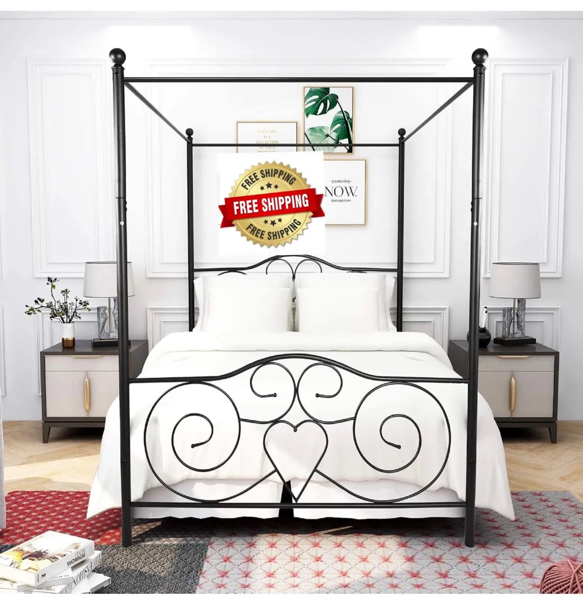 Double Canopy Bed Frame with Vintage Headboard & F - Image 1