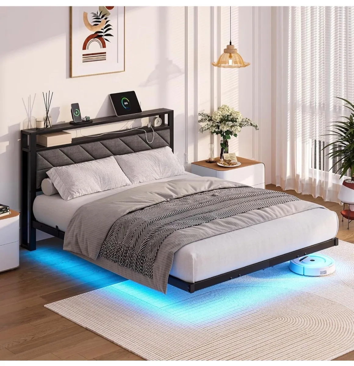 4ft6 Upholstered Floating Double Bed Frame Black, - Image 2
