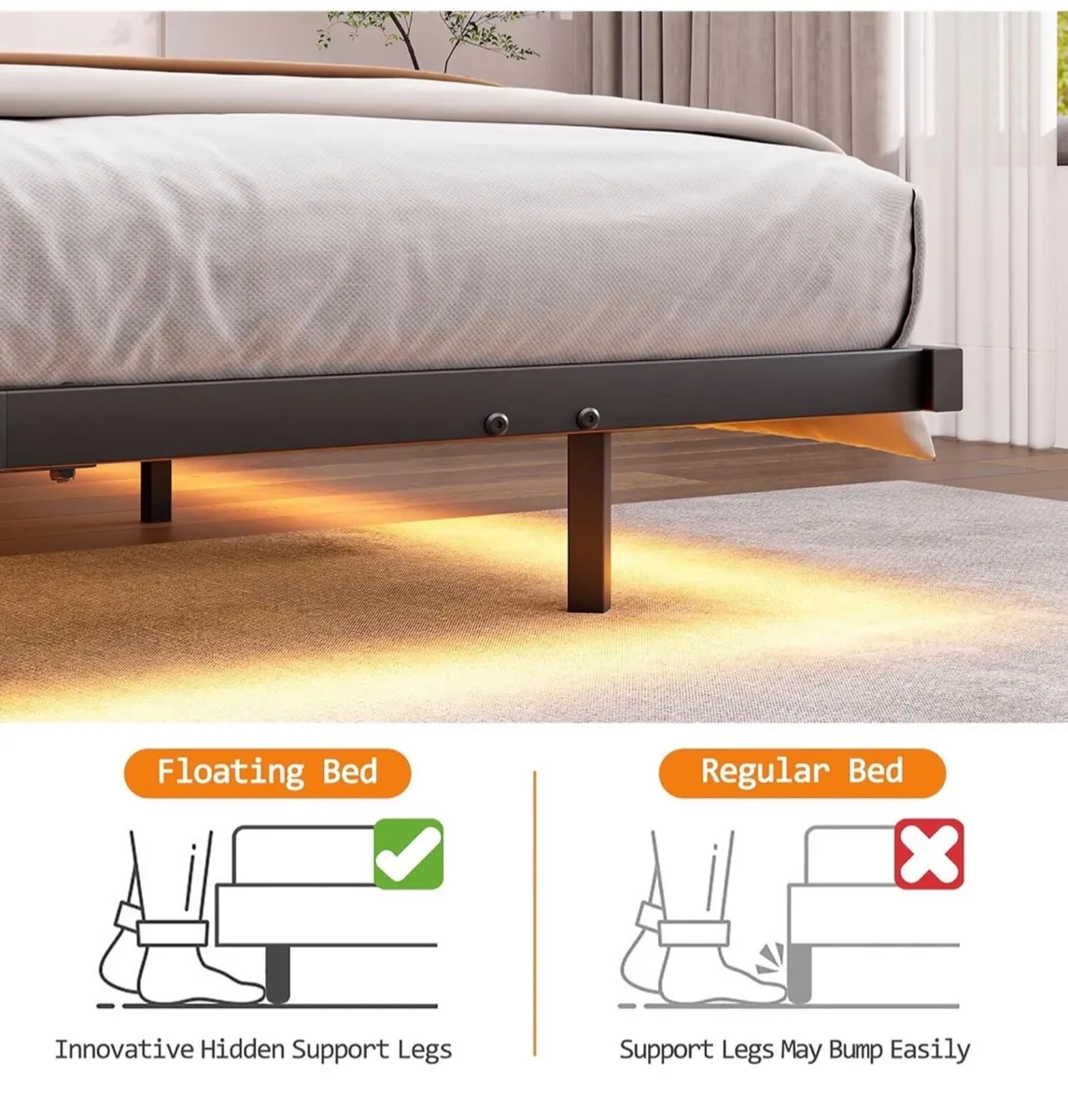 4ft6 Upholstered Floating Double Bed Frame Black, - Image 3