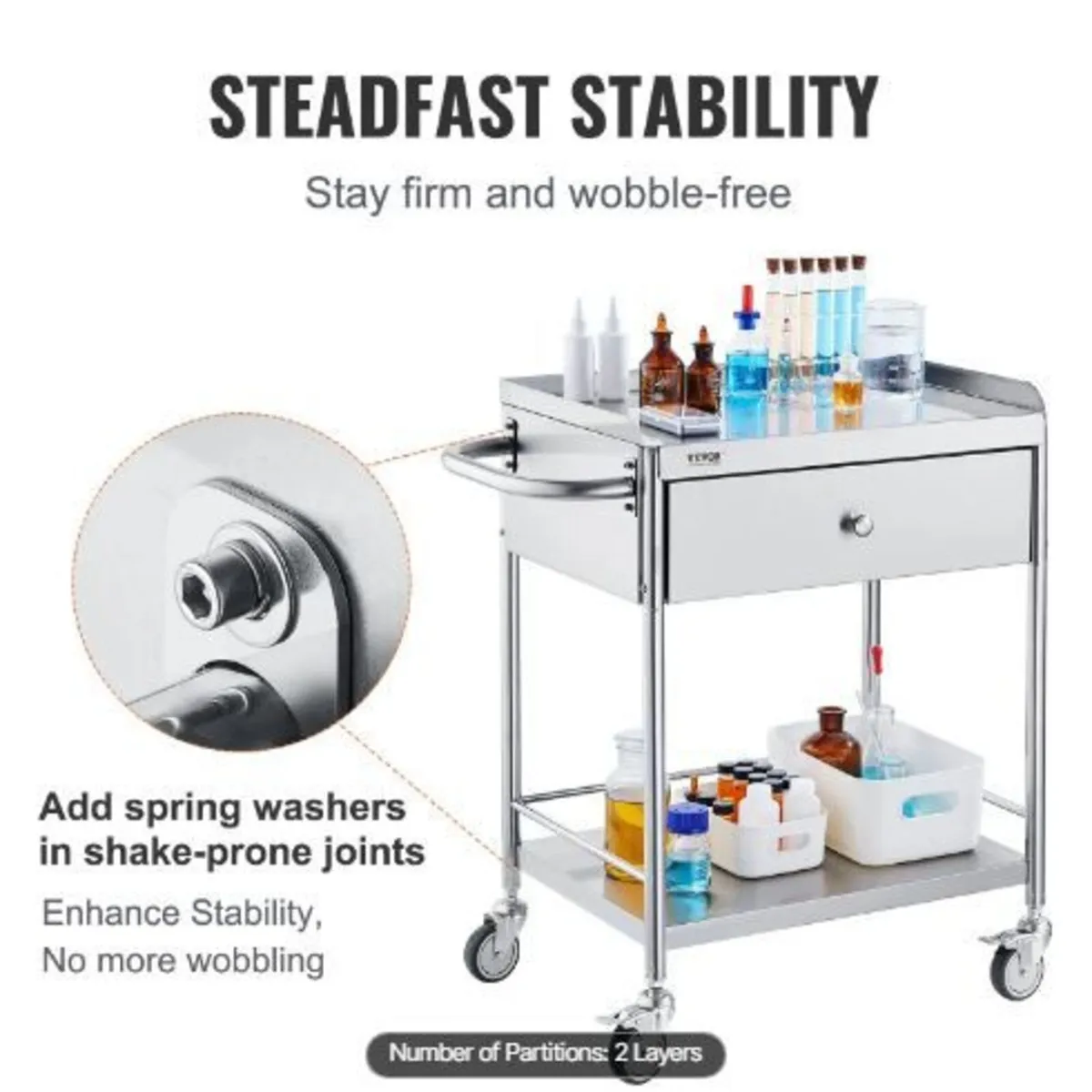 Medical Cart, 2 Layers Stainless Steel Cart - Image 4