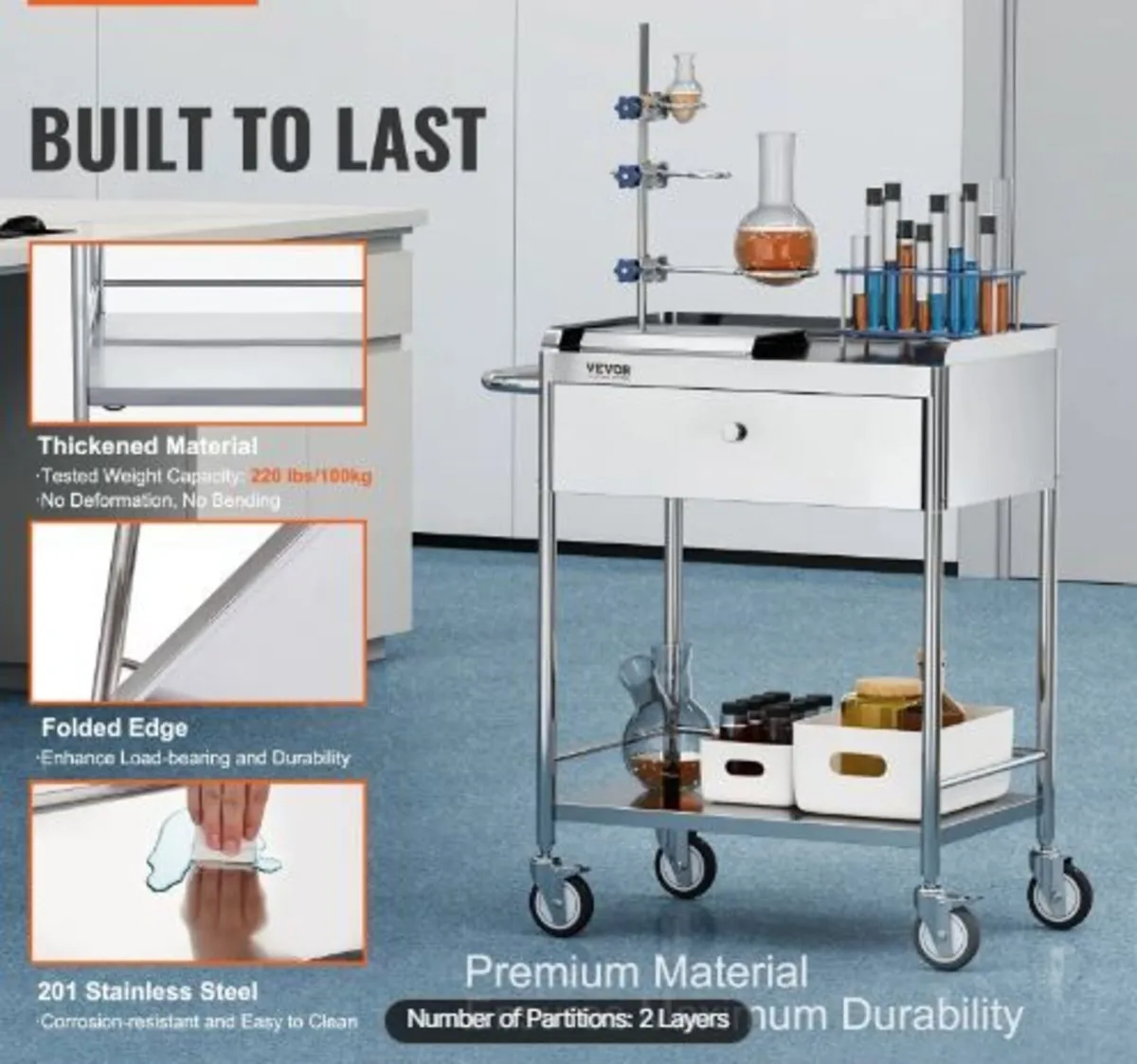 Medical Cart, 2 Layers Stainless Steel Cart - Image 2