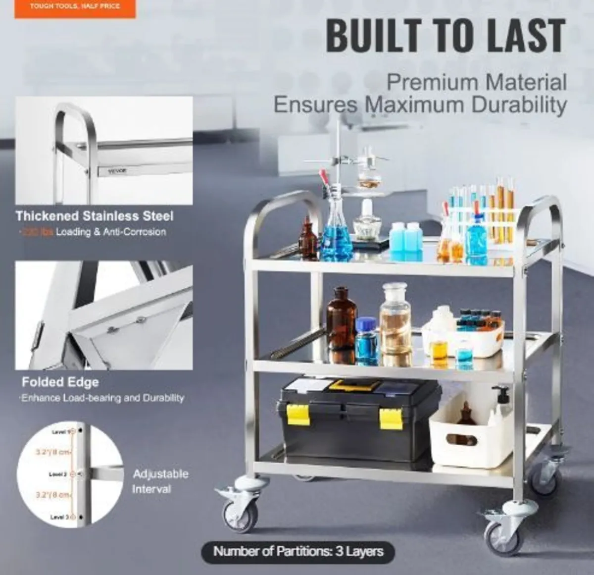 Stainless Steel Cart, 3 Layers Lab Utility Cart - Image 4