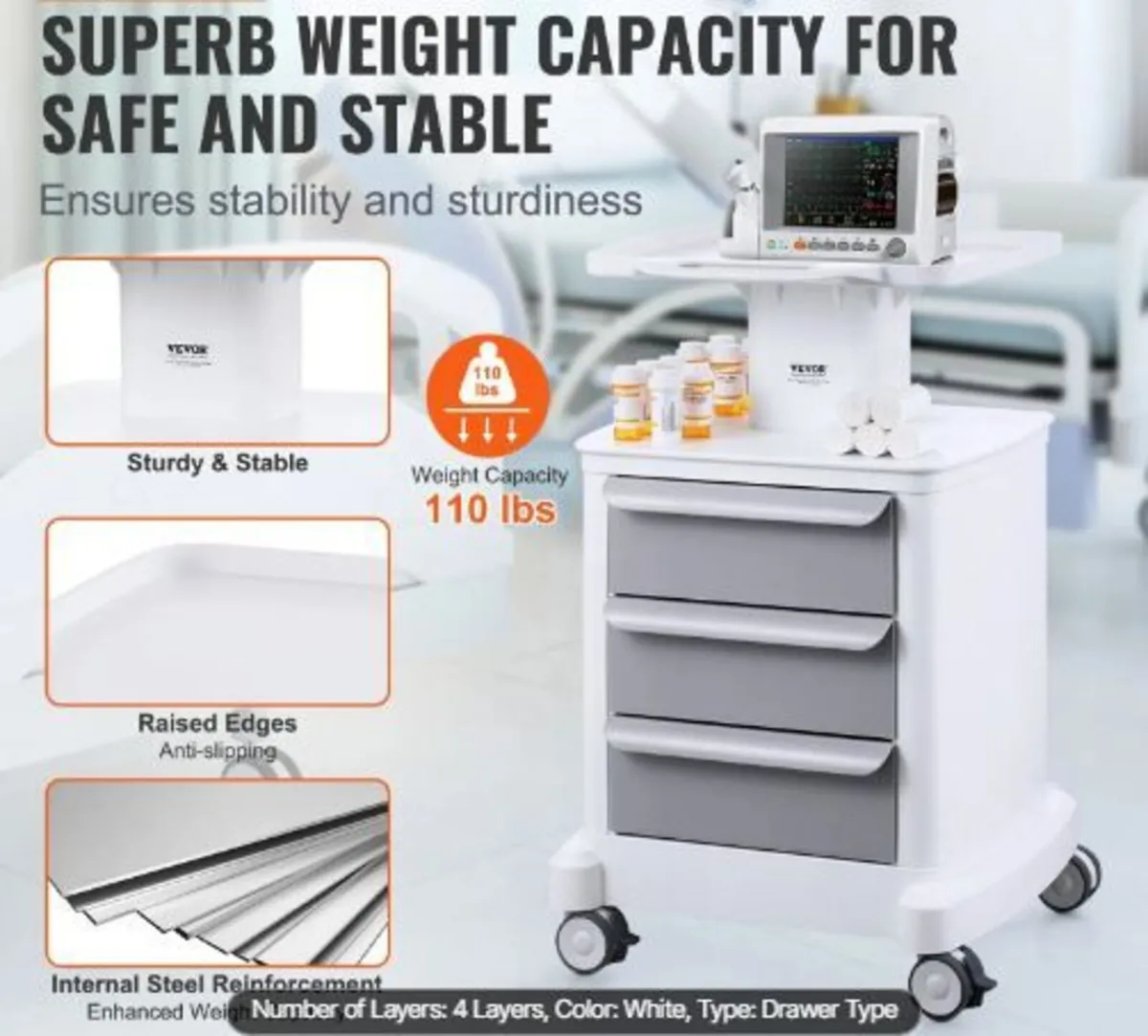 4 Tiers Lab Carts, Lab Utility Cart - Image 3