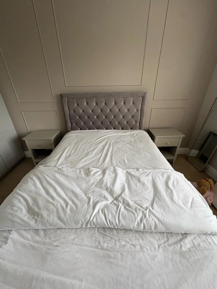 Light Grey Velvet Double Bed + Mattress - Image 2
