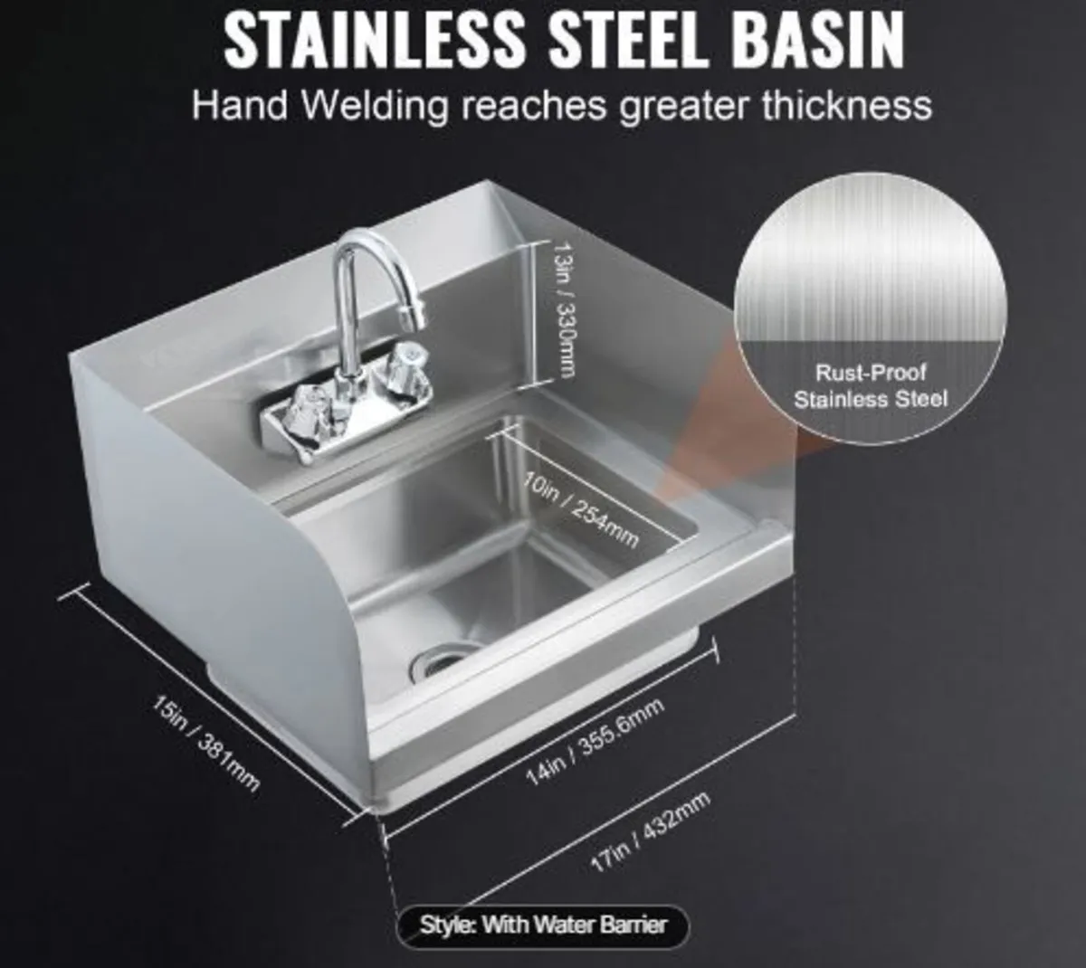 Commercial Hand Sink with Faucet and Side Splash - Image 3