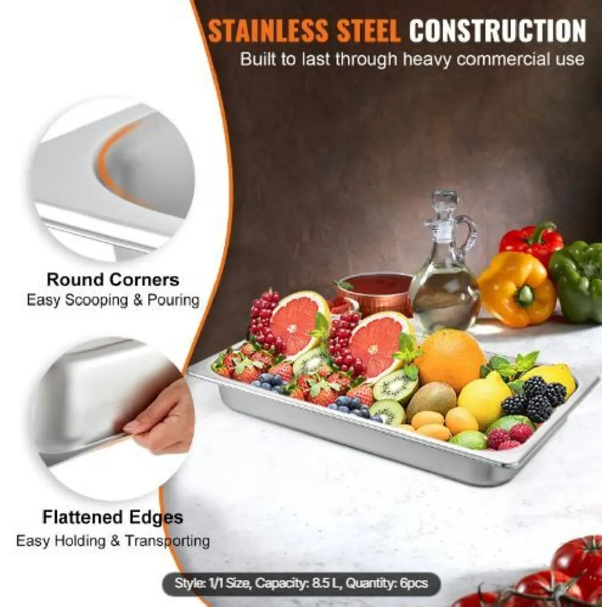 6 Pack Steam Table Pans 20.9 x 12.8 x 2.6 Inch - Image 2