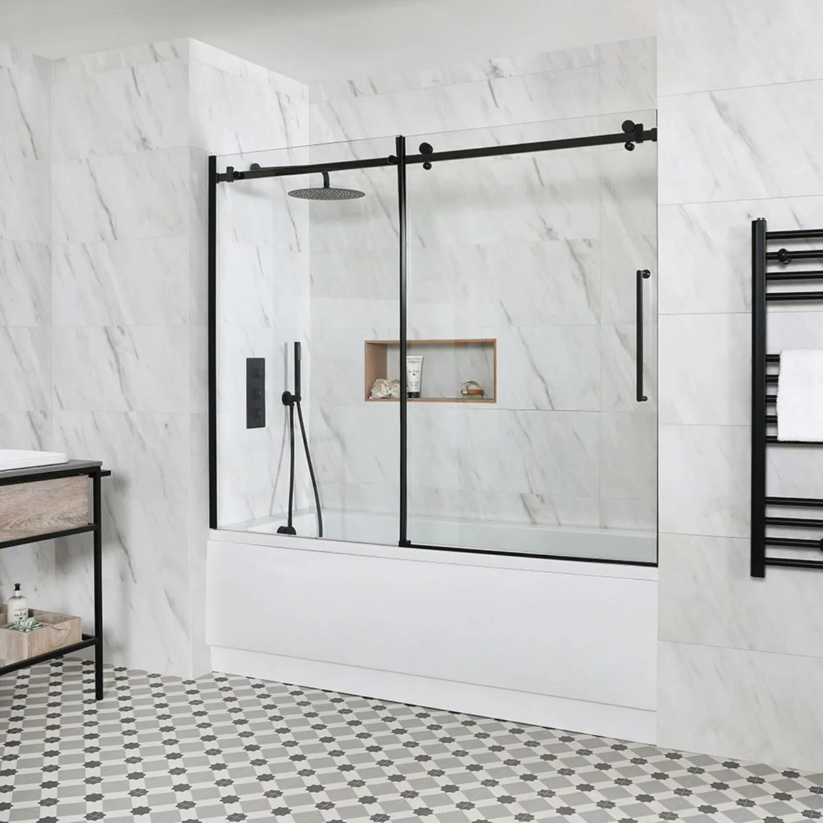 Black Frameless Sliding Bath Shower Screen - Image 1