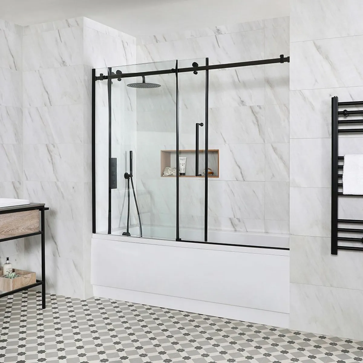 Black Frameless Sliding Bath Shower Screen - Image 2