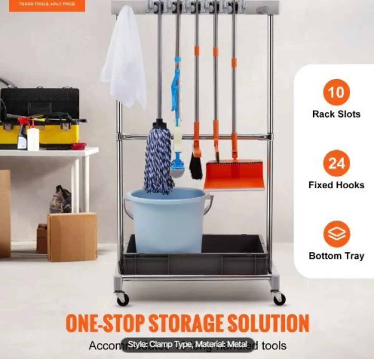Garden Tool Organizer, 10 Slots with Hooks - Image 1