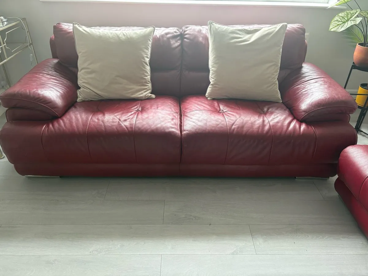 2 3 seater red leather sofas and armchair - Image 2