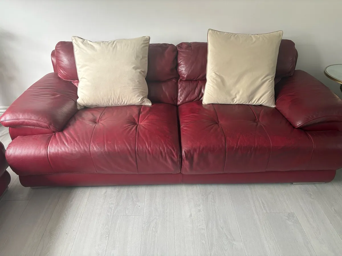 2 3 seater red leather sofas and armchair - Image 3