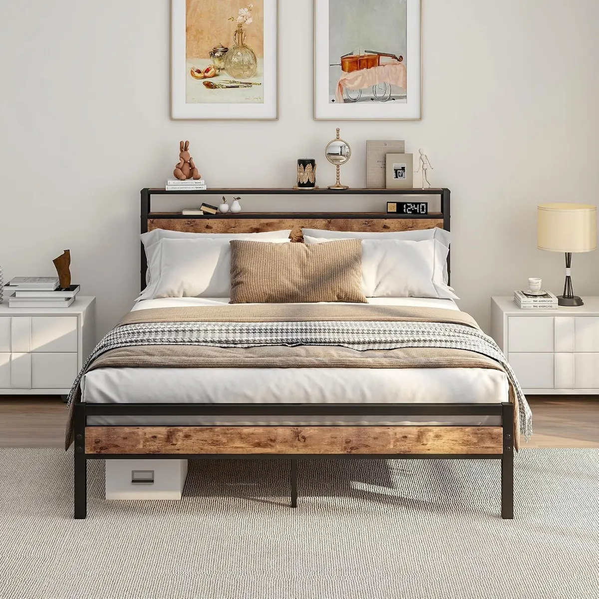Bed Frame with Storage Headboard Wooden - Image 1