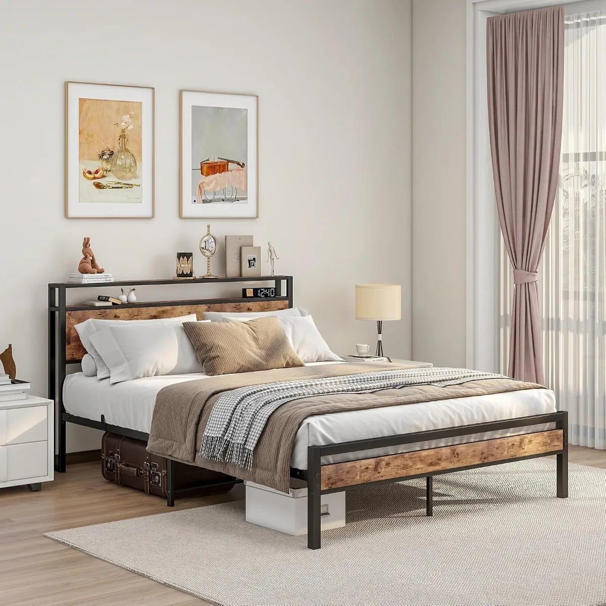Bed Frame with Storage Headboard Wooden - Image 3