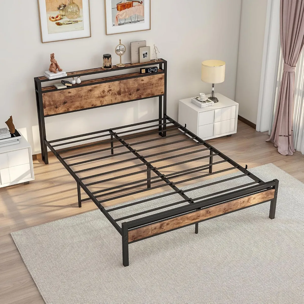 Bed Frame with Storage Headboard Wooden - Image 4