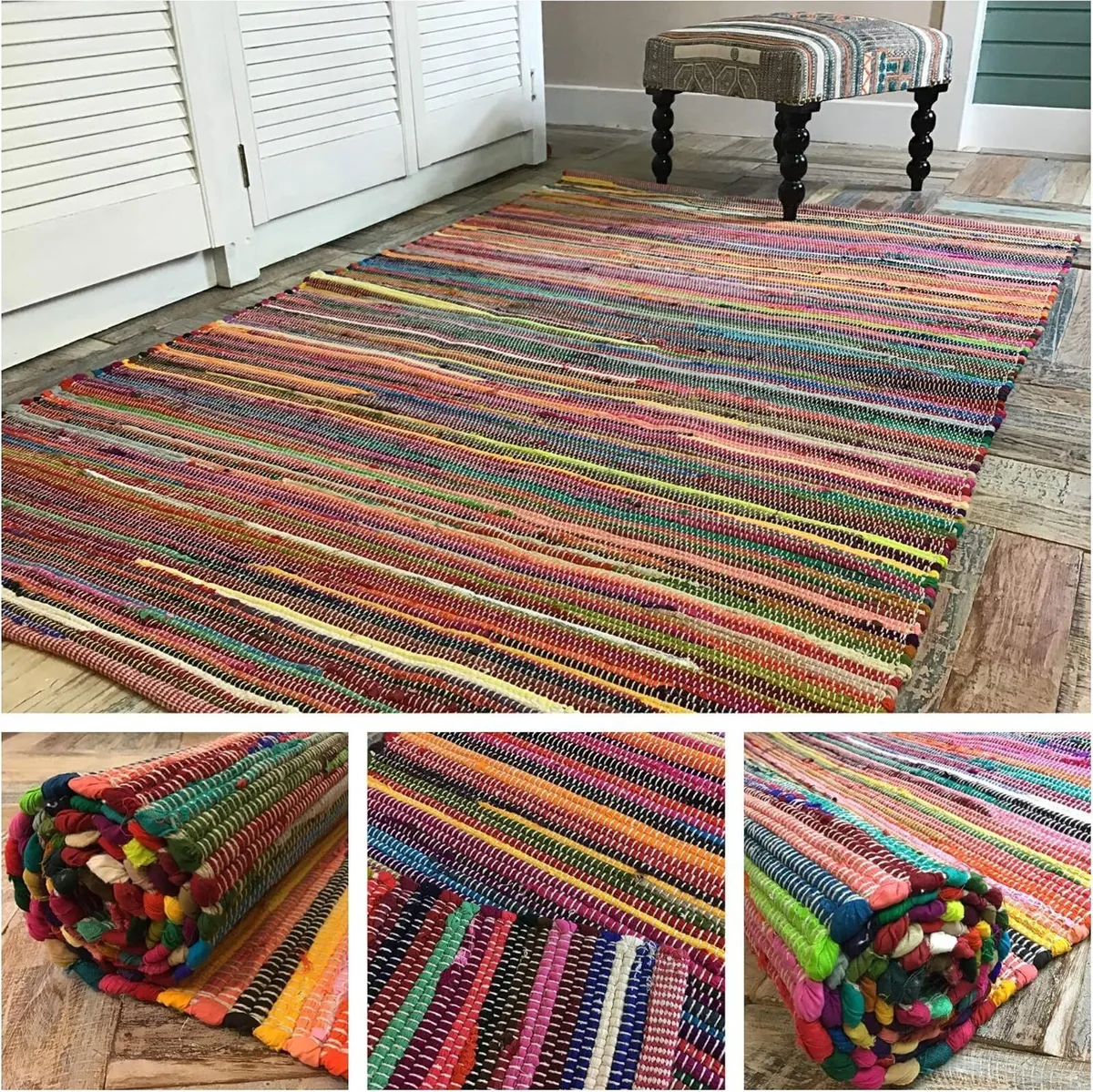 Large Square Rainbow Eco Friendly Chindi Rag Rug - Image 1