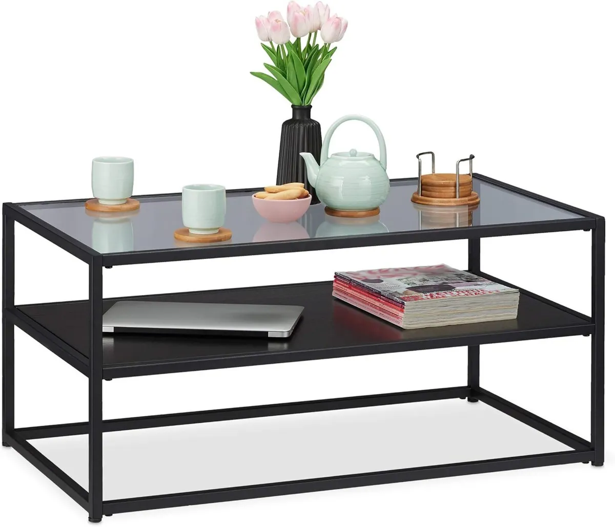 Coffee Table MDF Shel Glass Metal Modern Design - Image 1