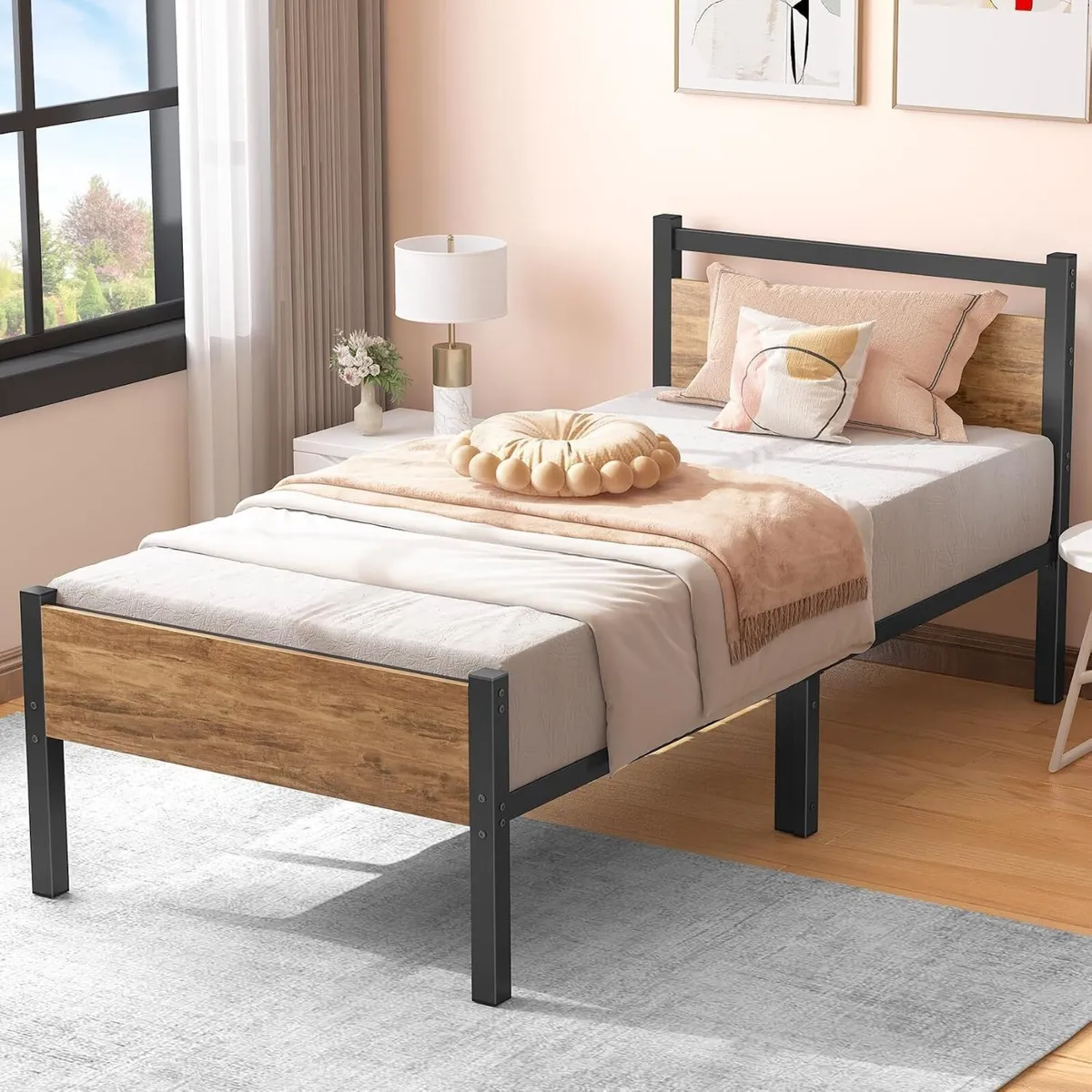 Bed Frame with Wooden Headboard 31.5CM Metal - Image 1